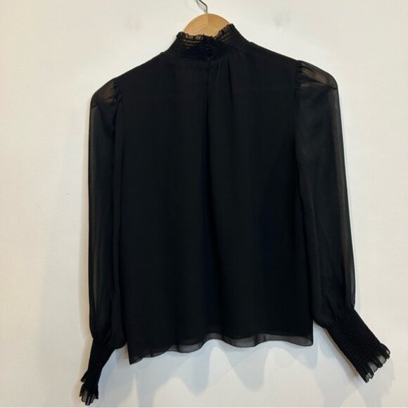 Aritzia Wilfred Valencia Blouse Mock Neck Puff Sleeves Smocking Semi-Sheer Black - Picture 9 of 10
